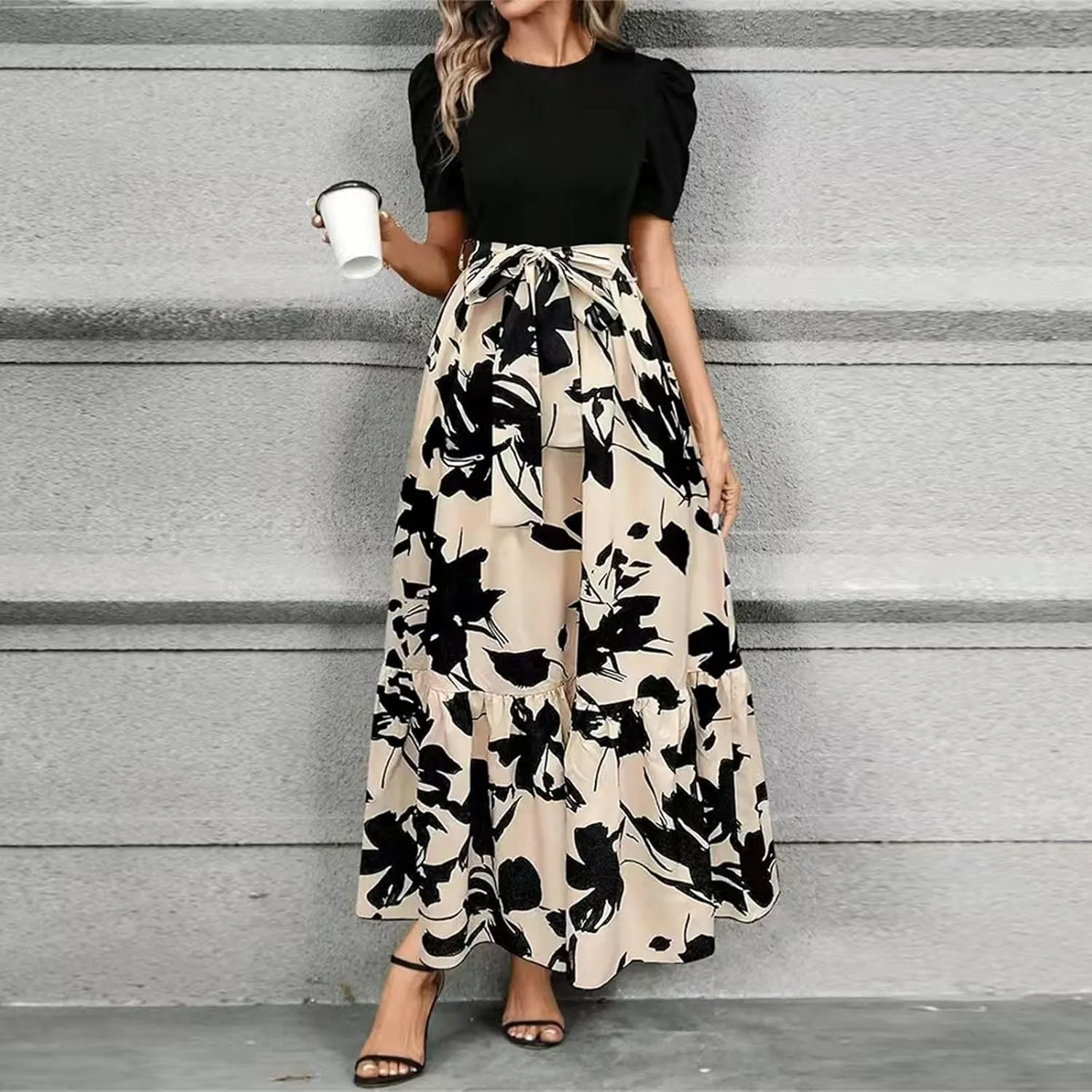 Azeralia Women's Summer Casual Flutter Short Sleeve Crew Neck Smocked Elastic Waist Tiered Midi Dress Elegant Beach Dress