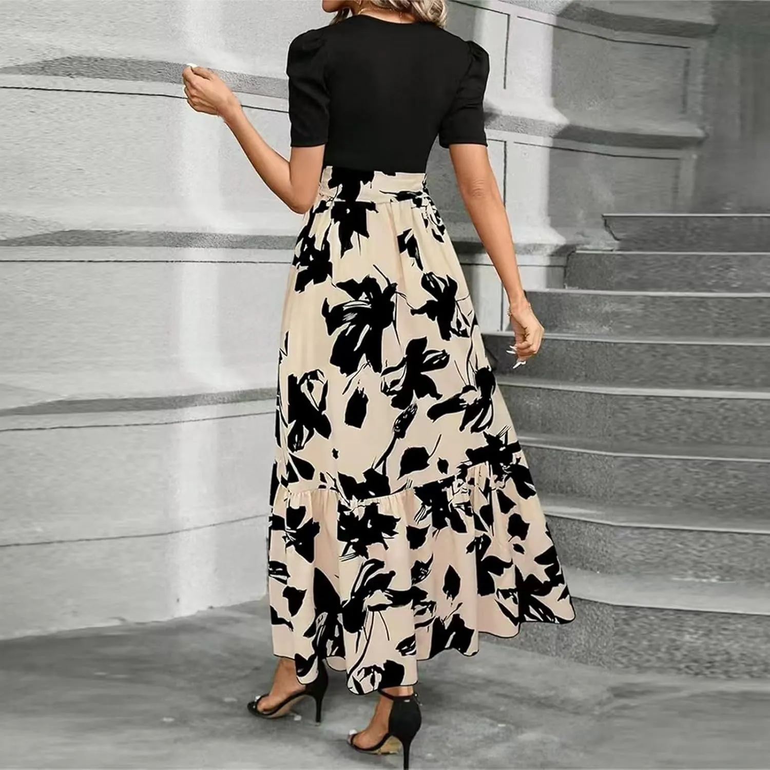 Azeralia Women's Summer Casual Flutter Short Sleeve Crew Neck Smocked Elastic Waist Tiered Midi Dress Elegant Beach Dress
