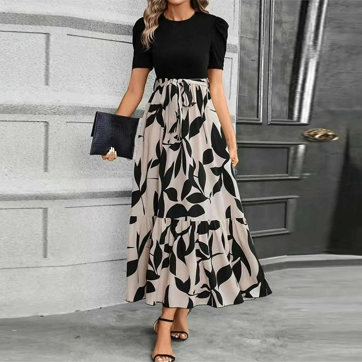 Azeralia Women's Summer Casual Flutter Short Sleeve Crew Neck Smocked Elastic Waist Tiered Midi Dress Elegant Beach Dress