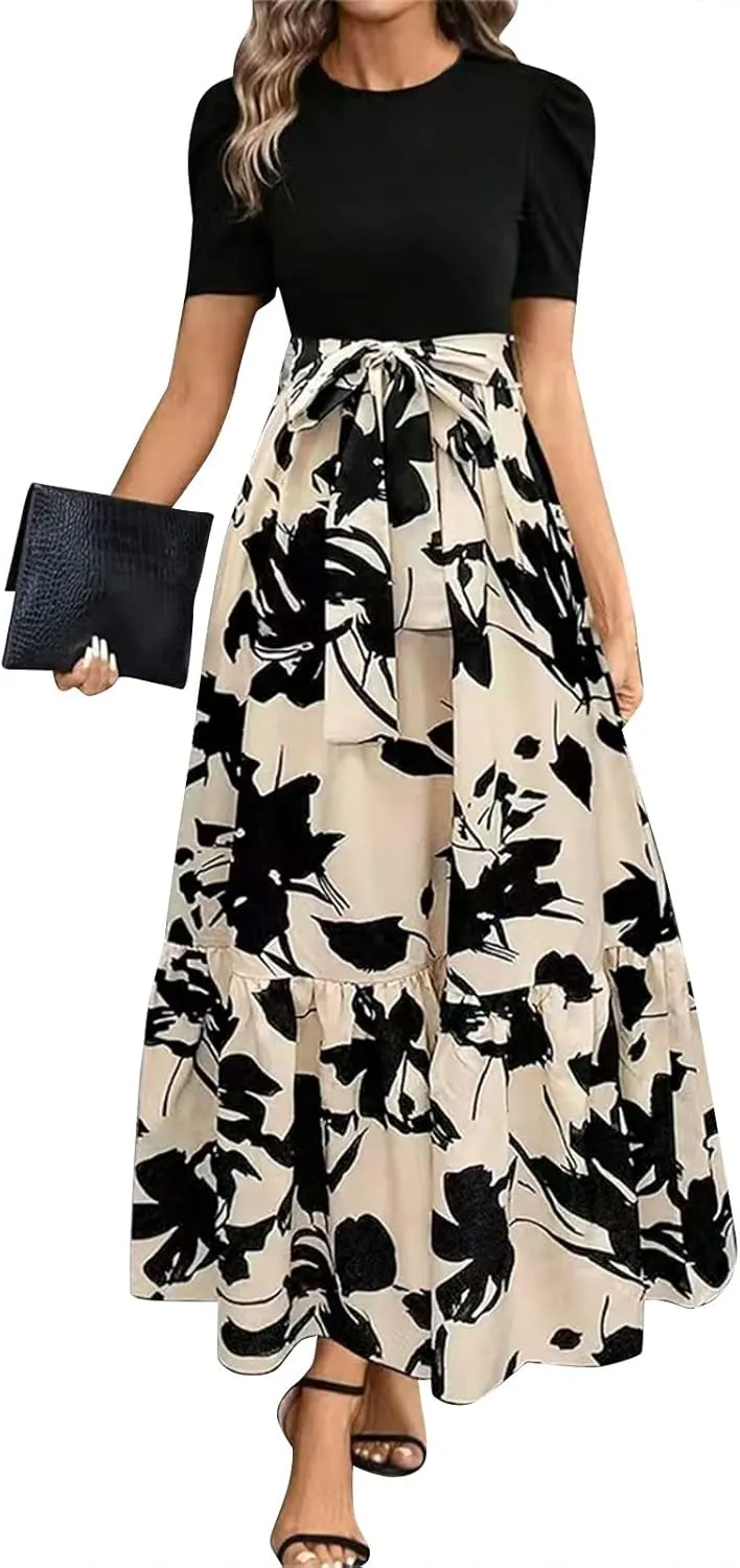 Azeralia Women's Summer Casual Flutter Short Sleeve Crew Neck Smocked Elastic Waist Tiered Midi Dress Elegant Beach Dress