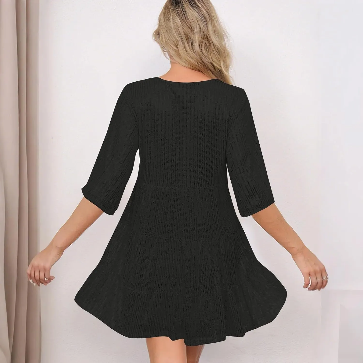 Azeralia Womens Summer Dress Short Sleeve A-Line Double Layer Hem Mini Dresses Elegant Sequin Sparkle Party Dress