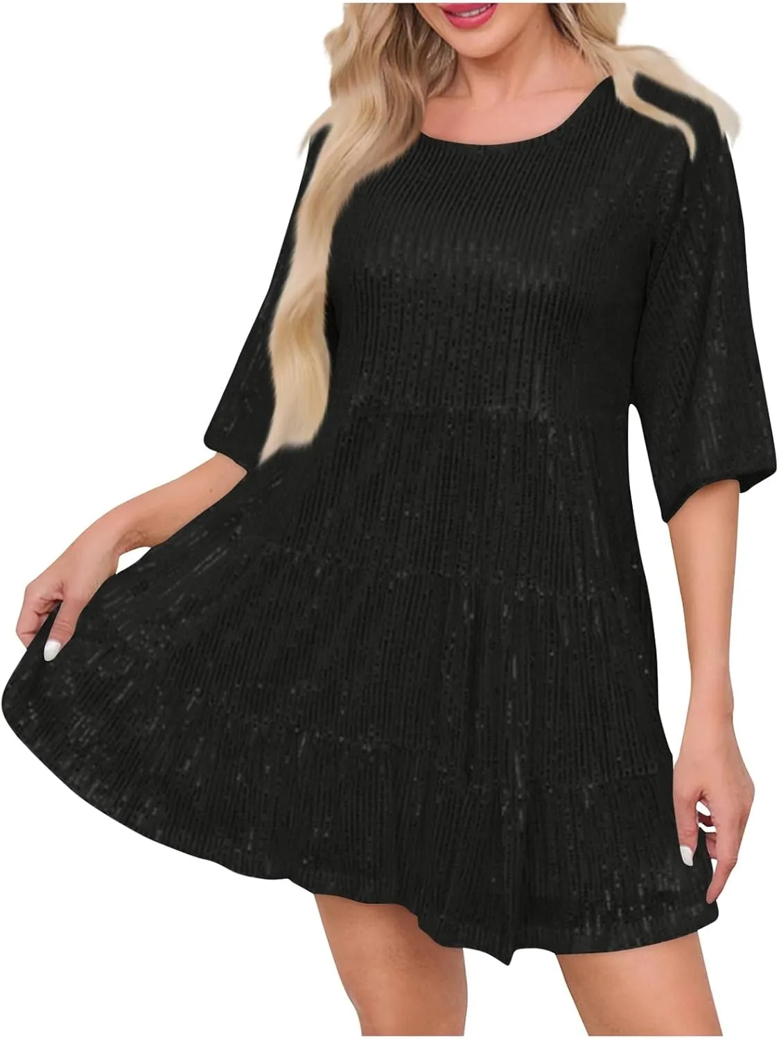 Azeralia Womens Summer Dress Short Sleeve A-Line Double Layer Hem Mini Dresses Elegant Sequin Sparkle Party Dress