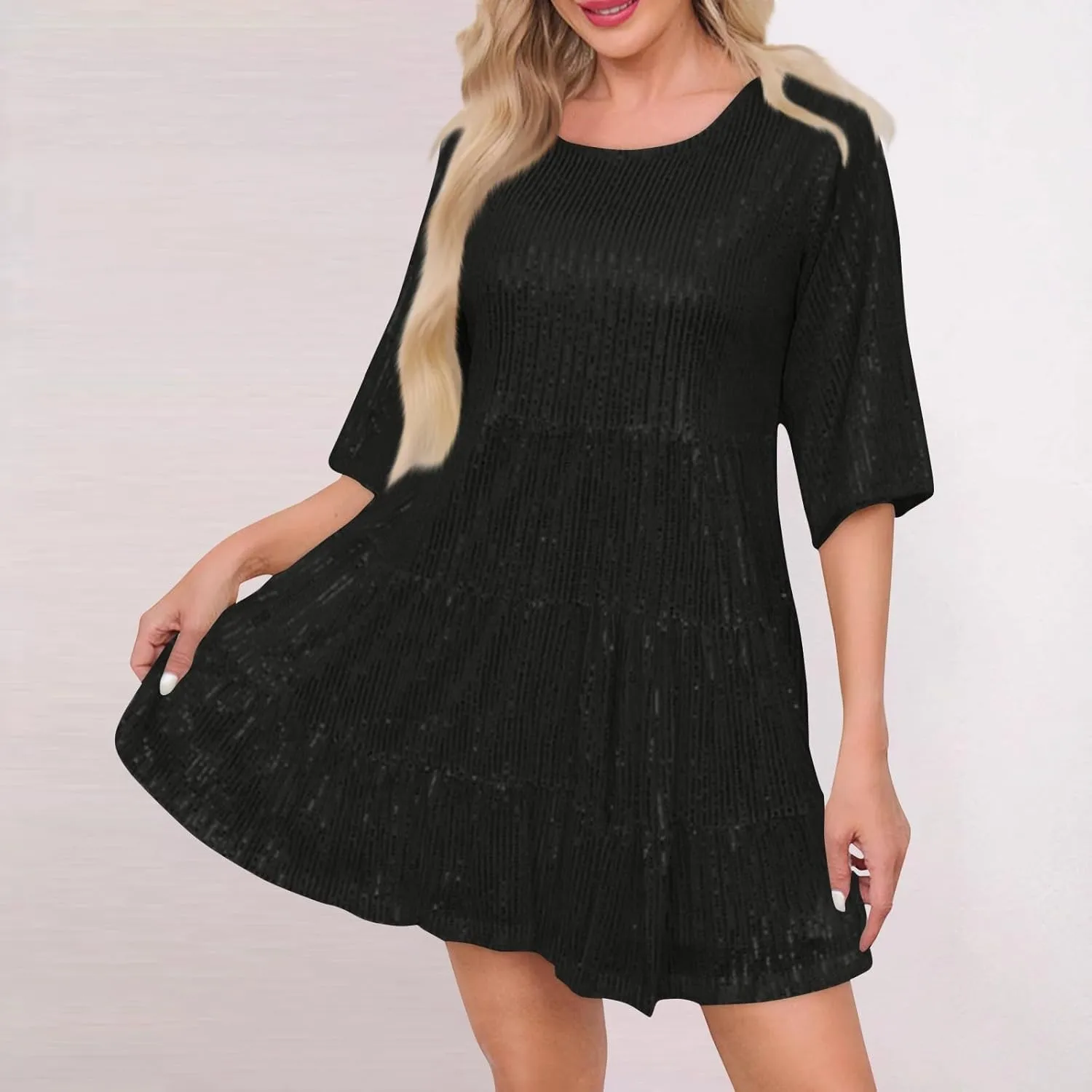 Azeralia Womens Summer Dress Short Sleeve A-Line Double Layer Hem Mini Dresses Elegant Sequin Sparkle Party Dress