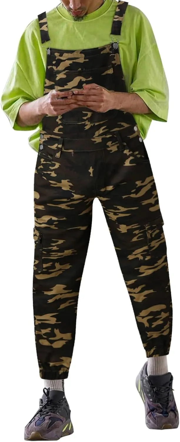 Bib Overalls for Men Denim Relaxed Fit Lightweight Stretch Jean Jumpsuit Classic Camouflage Print Suspender Pants