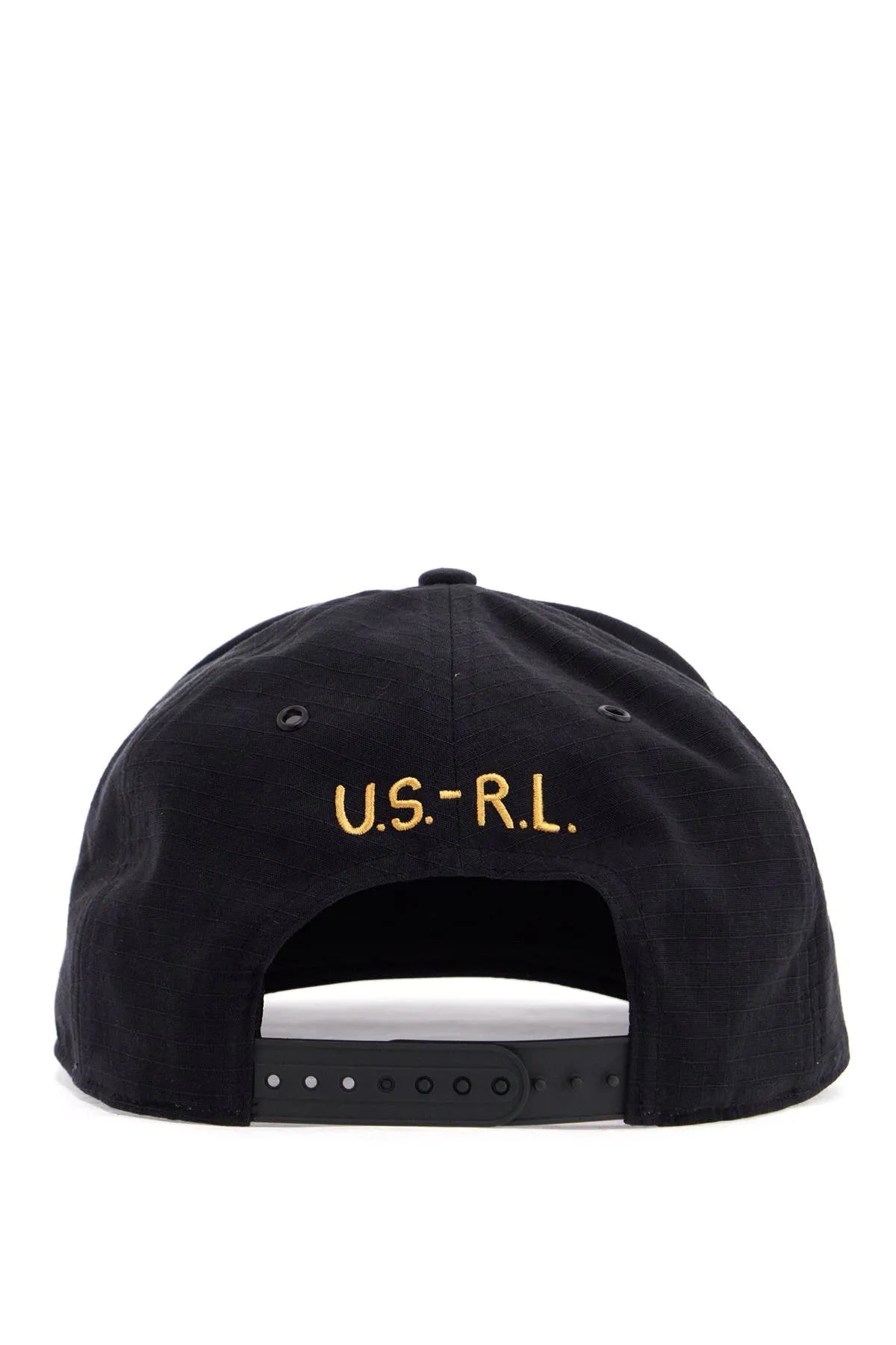black cotton cap with embroidered patch and adjustable closure