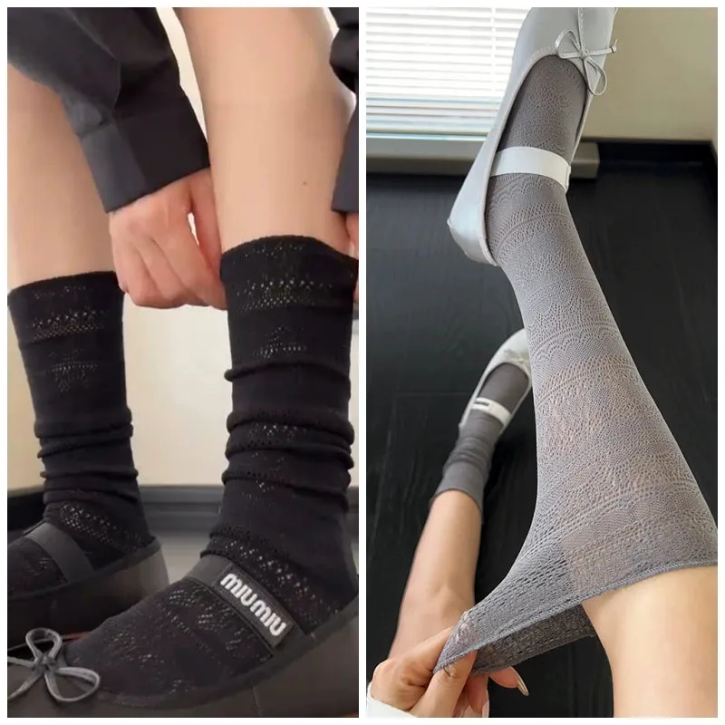 Black Cut-Out Mesh Knee-Calf Socks