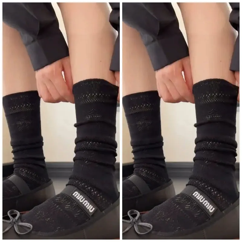 Black Cut-Out Mesh Knee-Calf Socks