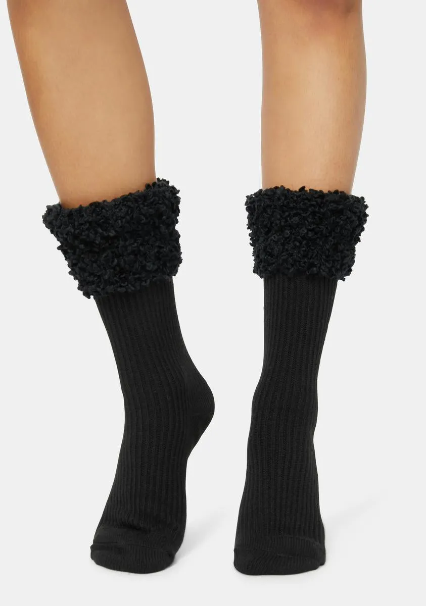 Black Elegant Ribbed Cuff Crew Socks
