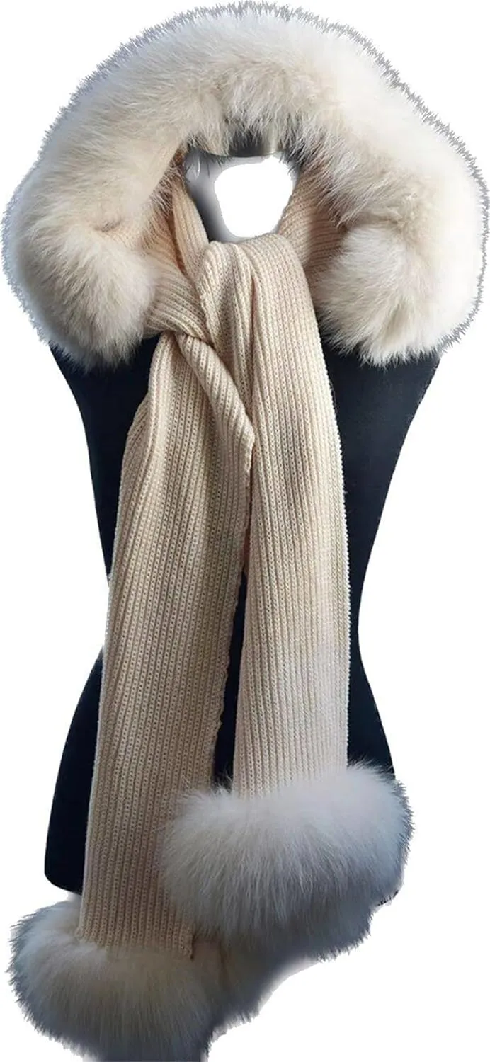 CAPE-Autumn Winter Cashmere Wool Knitted Hooded Scarf For Women Real Fox Fur Trimmed Warm Shawl