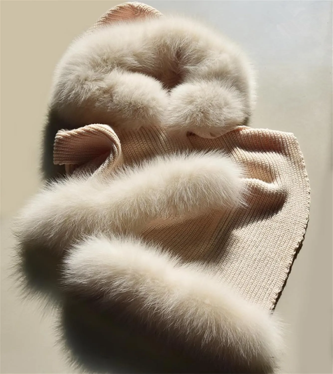 CAPE-Autumn Winter Cashmere Wool Knitted Hooded Scarf For Women Real Fox Fur Trimmed Warm Shawl