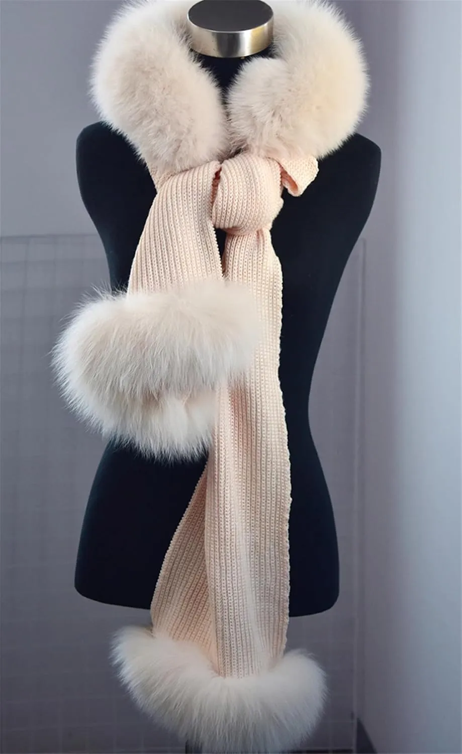 CAPE-Autumn Winter Cashmere Wool Knitted Hooded Scarf For Women Real Fox Fur Trimmed Warm Shawl