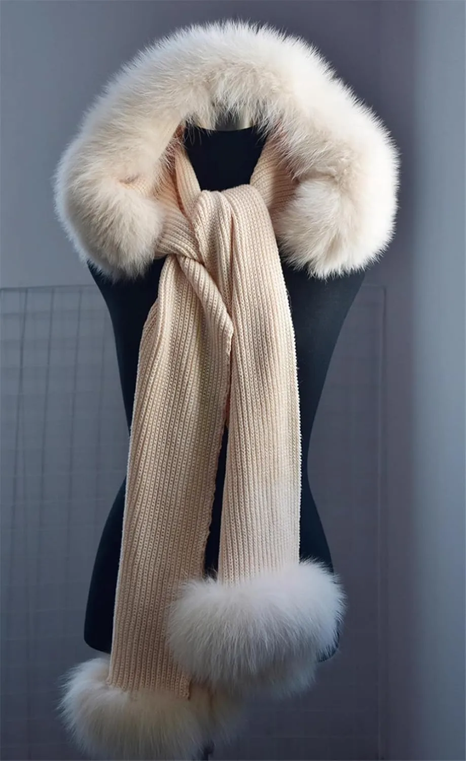 CAPE-Autumn Winter Cashmere Wool Knitted Hooded Scarf For Women Real Fox Fur Trimmed Warm Shawl