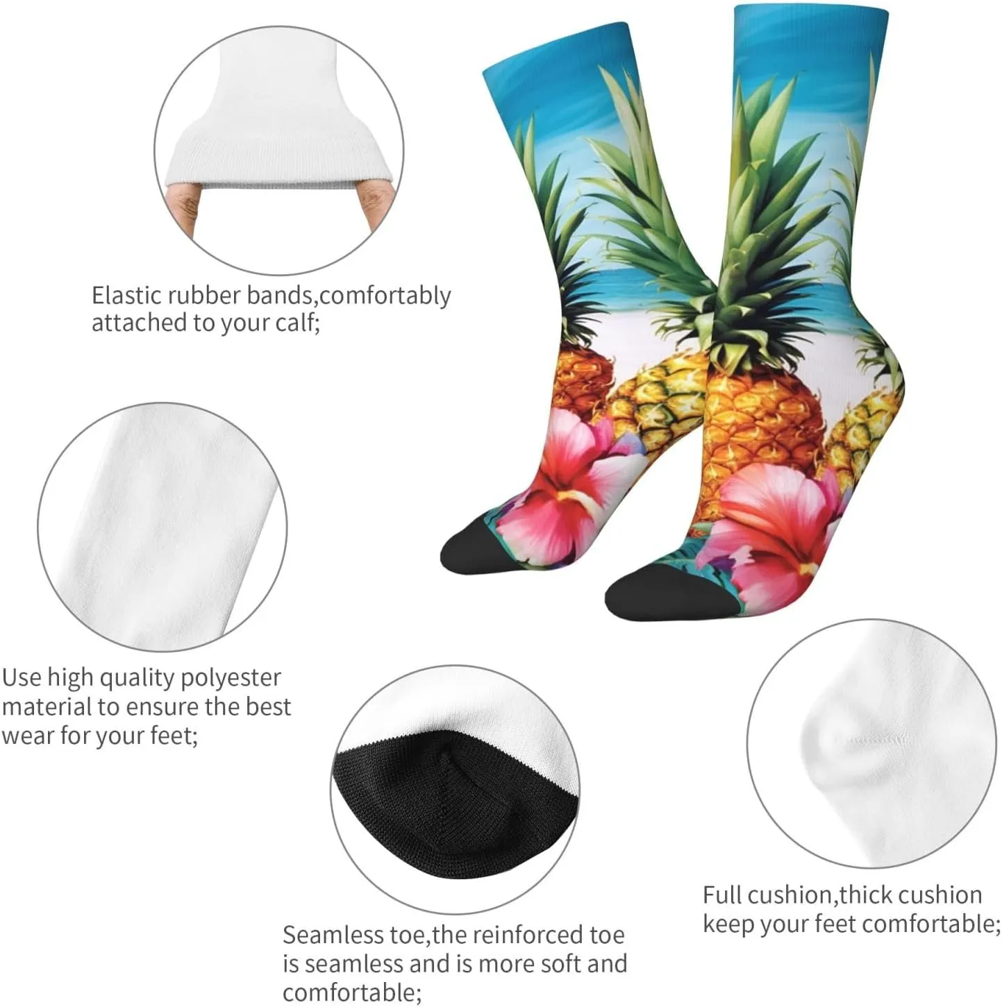 Crew Athletic Socks Moisture-Wicking Running Sock Summer Pineapples Casual Calf Socks for Men Women