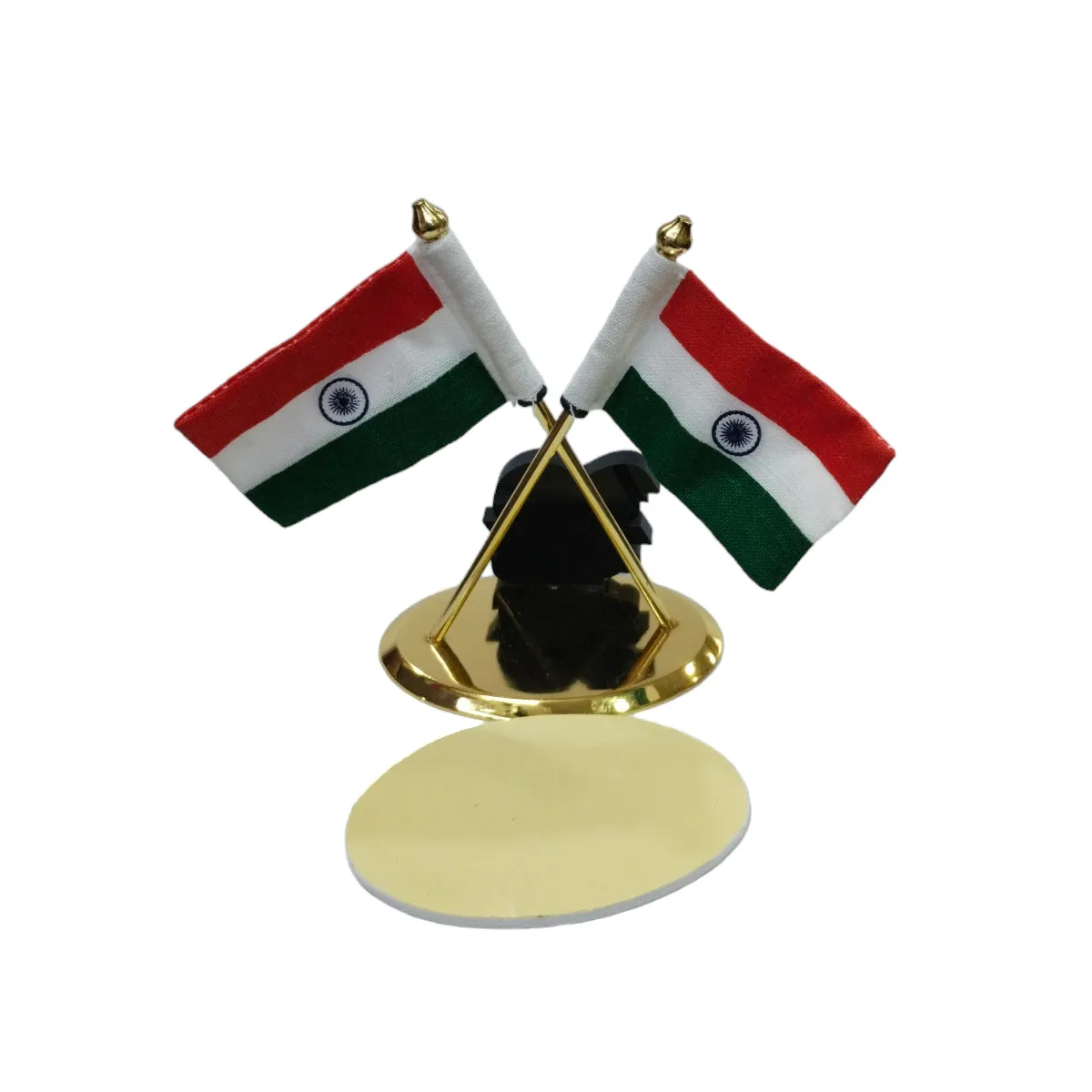 Double Indian Flags Crossed with Vande matram Logo Made with Brass with Khadi Fabric for Car Dashboard, Gifts, Home, Office