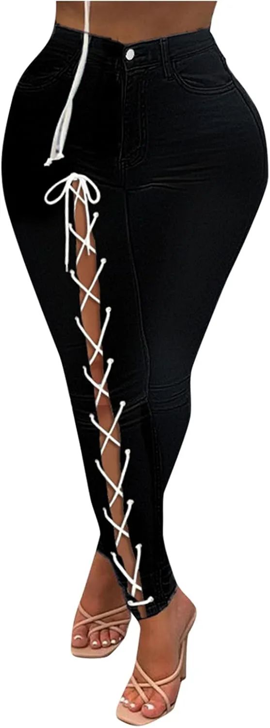 Plus Size Womens Criss Cross Lace Up Stretch Leggings High Waist Bodycon Tie Up Jeggings Skinny Pencil Jean Pants