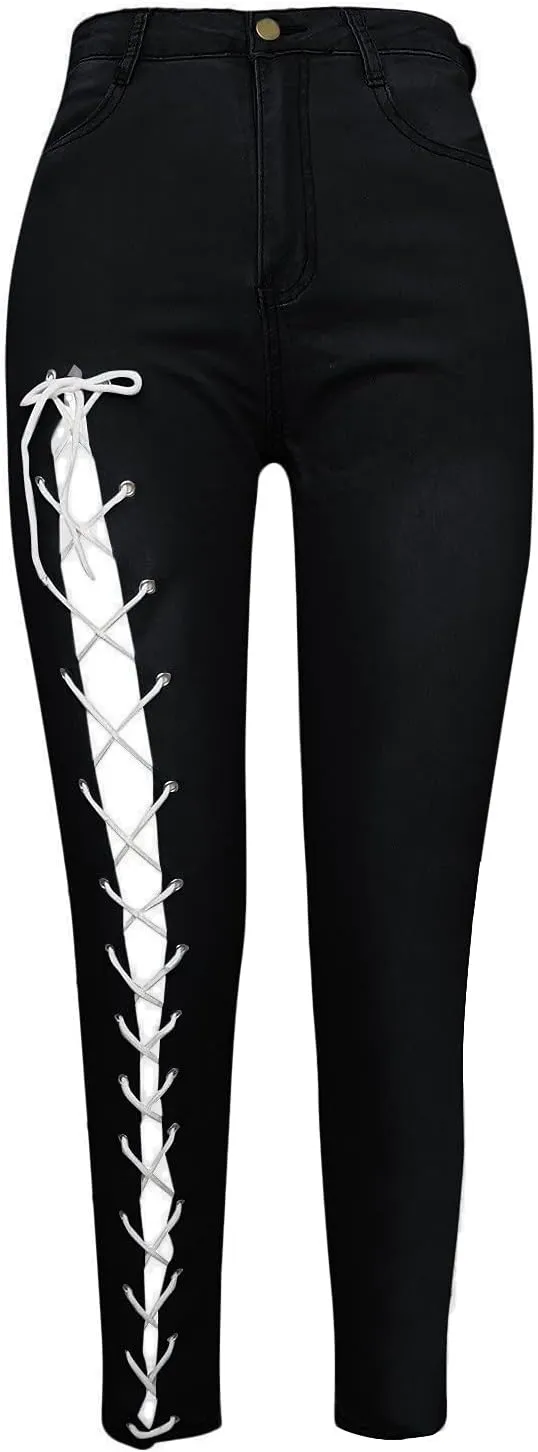 Plus Size Womens Criss Cross Lace Up Stretch Leggings High Waist Bodycon Tie Up Jeggings Skinny Pencil Jean Pants