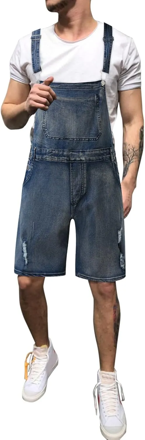 QWENTMTNTY Mens Bib Overalls Denim Shorts Relaxed Fit Romper Casual Lightweight Beach Workout Summer Jean Jumpsuit Shorts