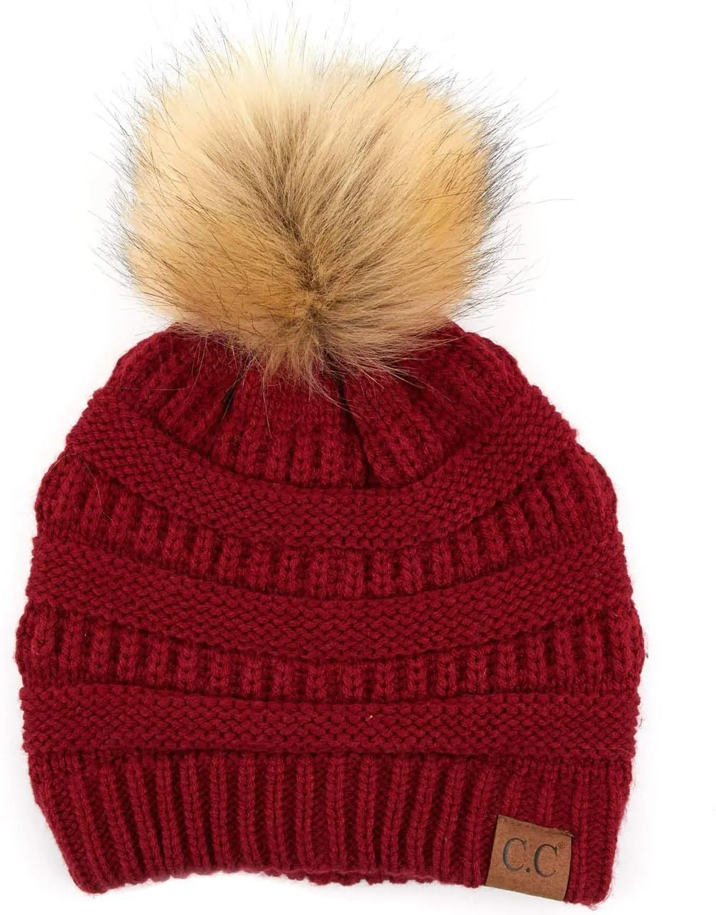 ScarvesMe Exclusive Solid Color Ribbed Knit Winter Warm Beanie with Faux Fur Pom
