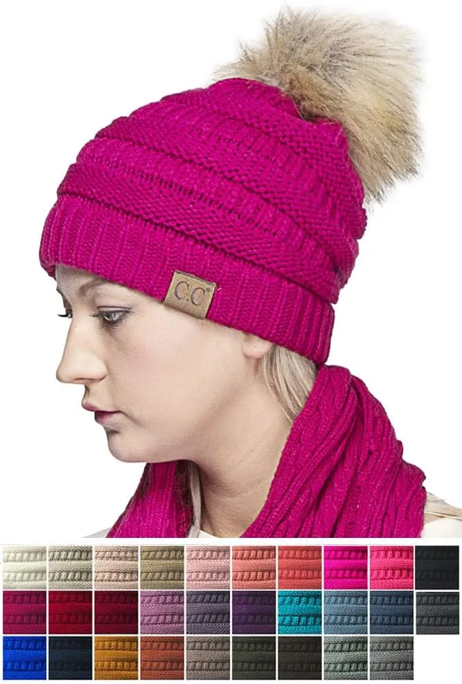 ScarvesMe Exclusive Solid Color Ribbed Knit Winter Warm Beanie with Faux Fur Pom