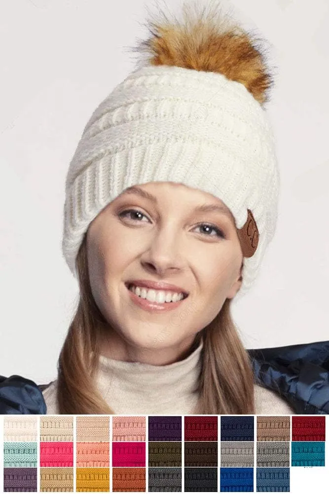 ScarvesMe Exclusive Solid Color Ribbed Knit Winter Warm Beanie with Faux Fur Pom
