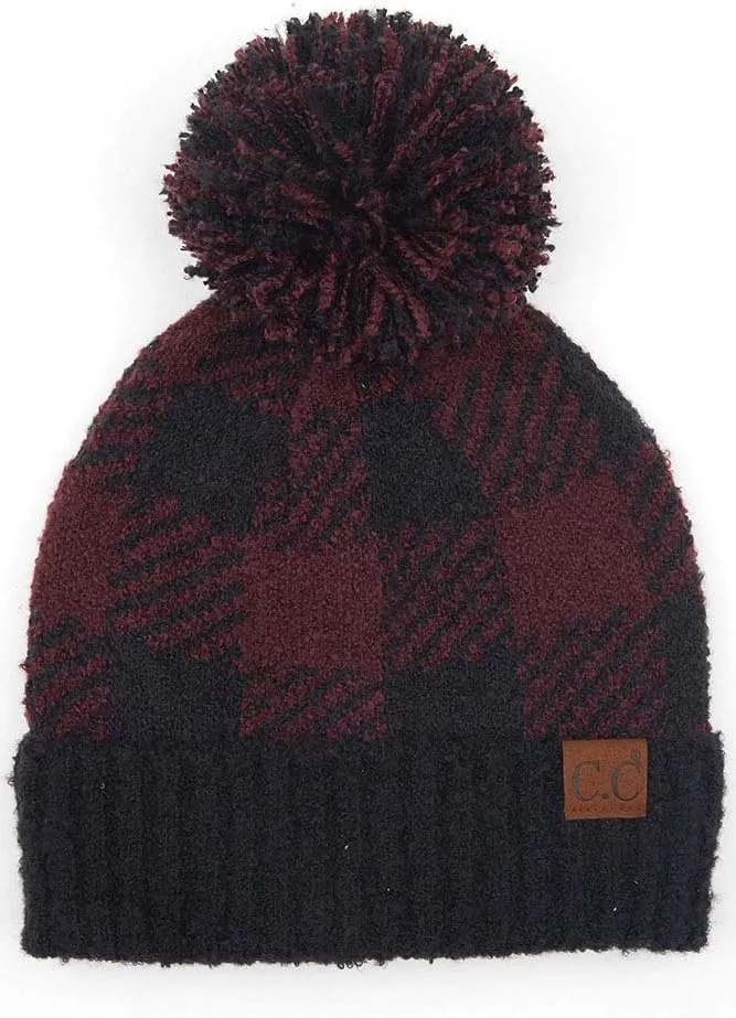 ScarvesMe Exclusive Women's Buffalo Check Soft Knit Winter Warm Beanie Hat with Pom