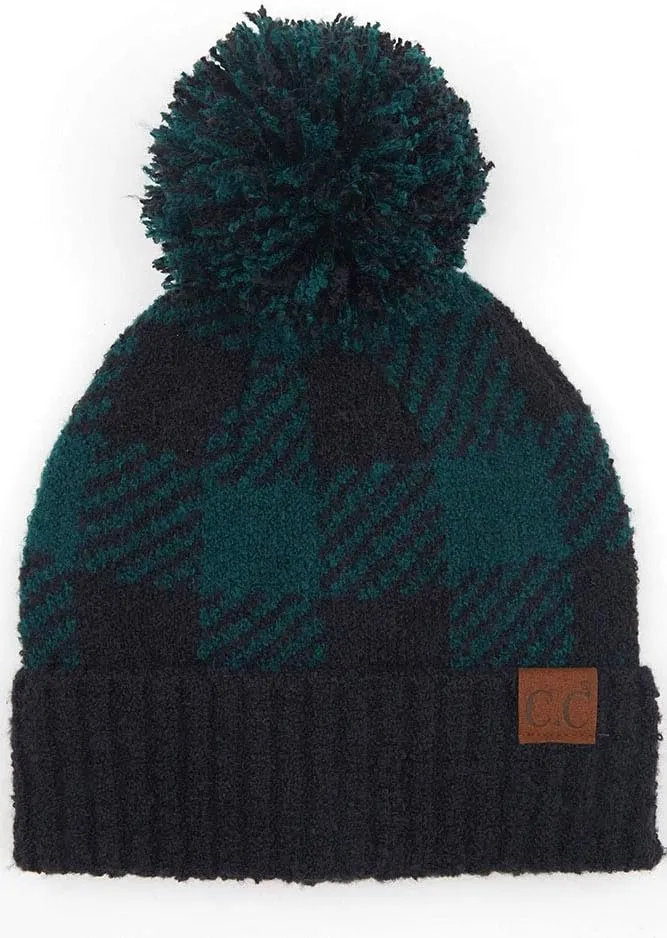 ScarvesMe Exclusive Women's Buffalo Check Soft Knit Winter Warm Beanie Hat with Pom
