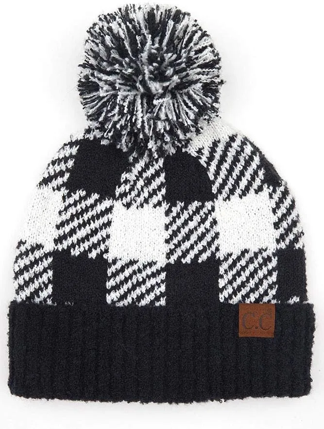 ScarvesMe Exclusive Women's Buffalo Check Soft Knit Winter Warm Beanie Hat with Pom