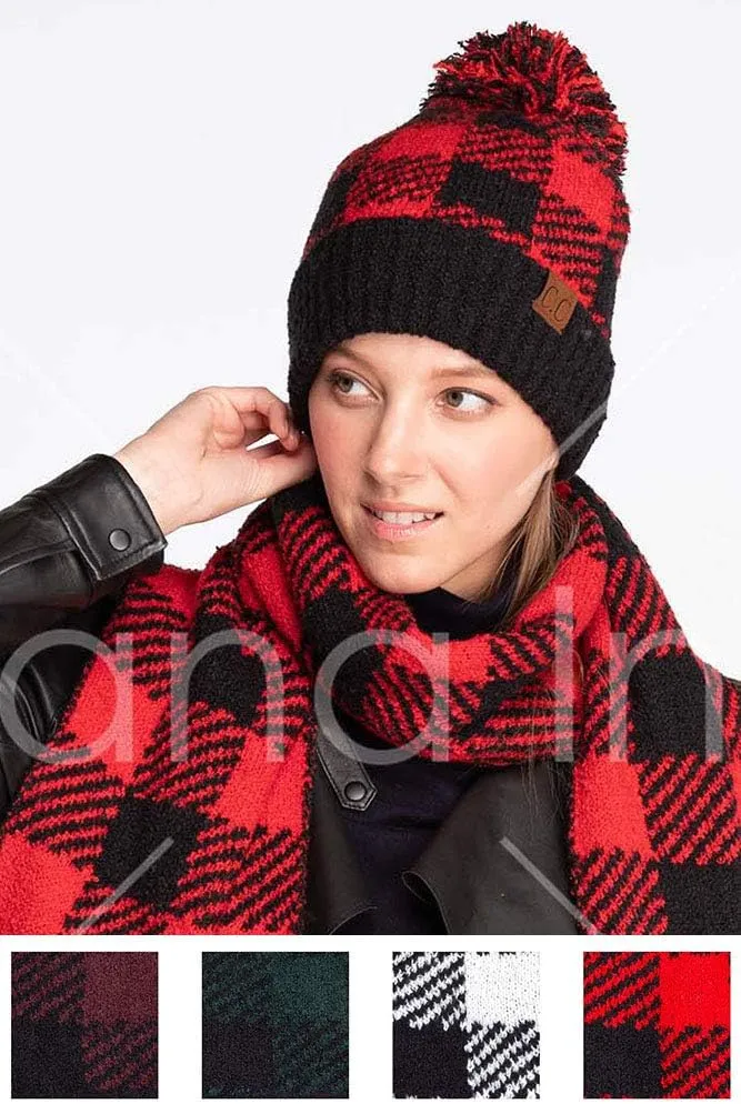 ScarvesMe Exclusive Women's Buffalo Check Soft Knit Winter Warm Beanie Hat with Pom