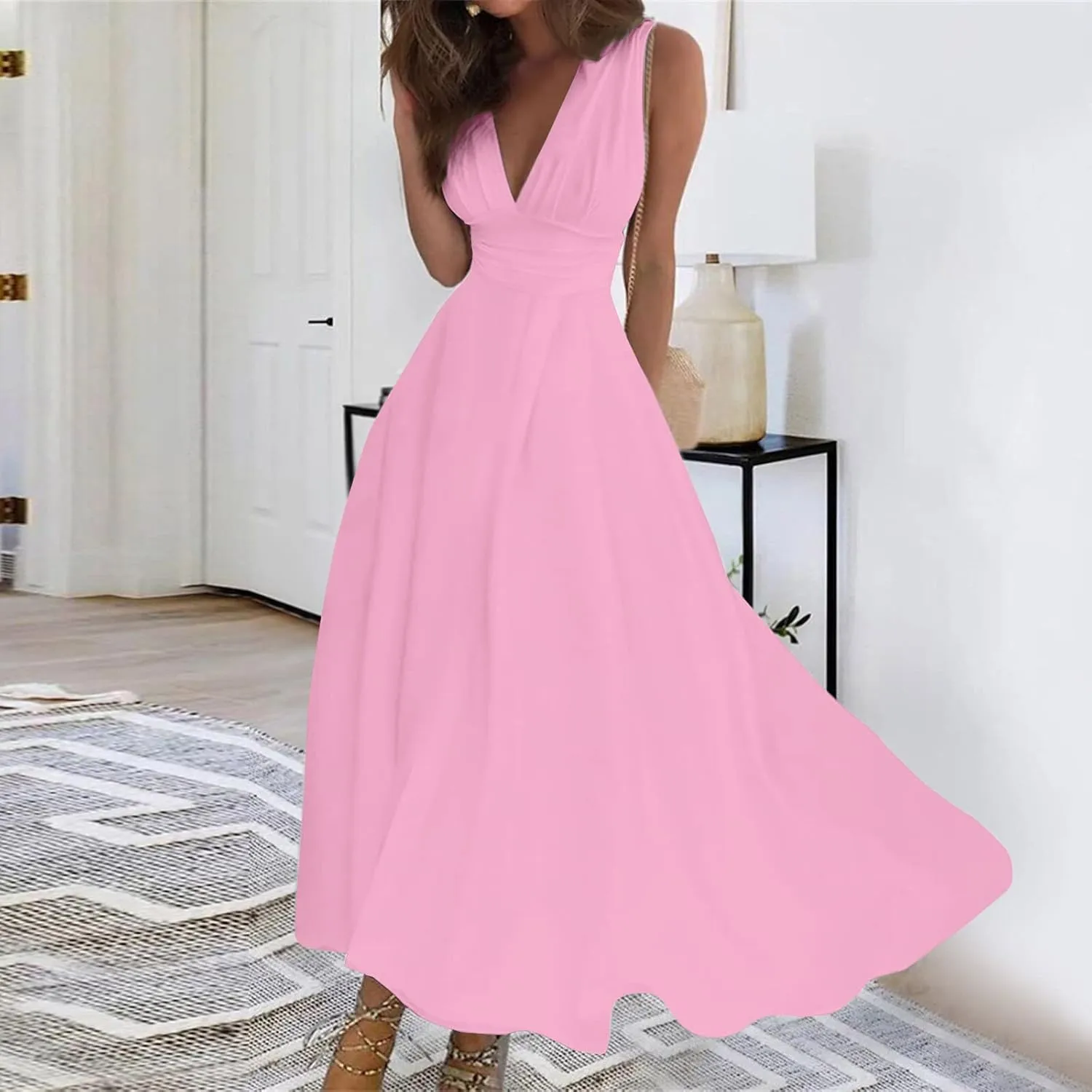 Summer Dresses for Women 2023 Trendy Solid Color Cold Shoulder Sleeve Maxi Ruffle Hem Fit and Flare Dresses