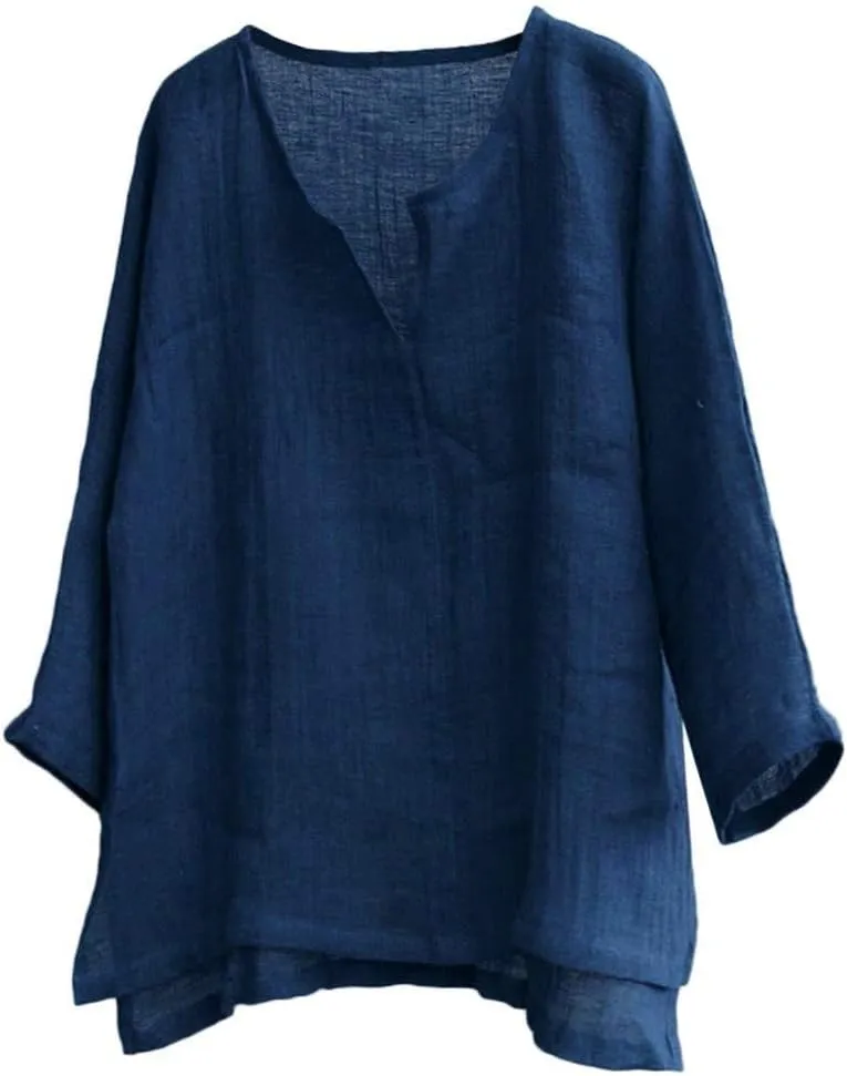 Unisex Plus Size V-Neck Lightweight Oversize Tops Casual Loose Linen Summer Beach Shirts Long Sleeve Cotton Yoga Slouchy Tee