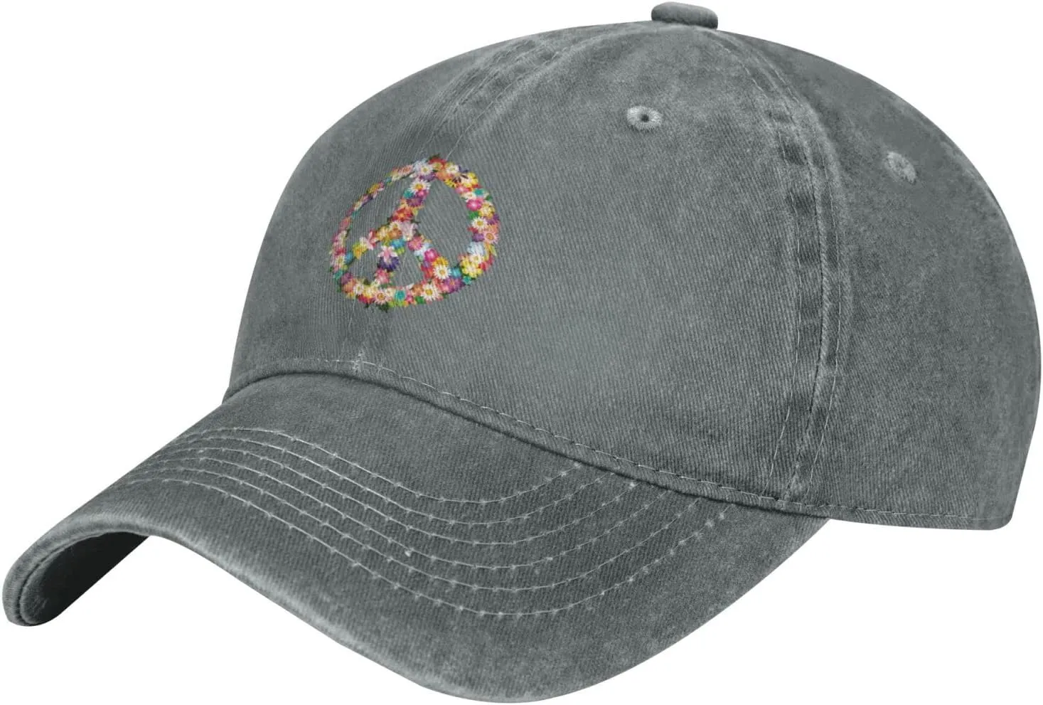 Washed Distressed Adjustable Peace and Love Symbol Flowers Womens Denim Baseball Cap Mom Trucker Hat Cap for Women