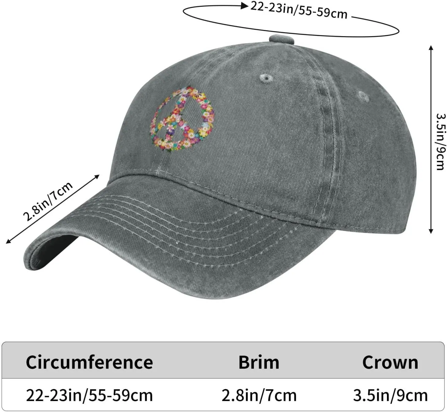 Washed Distressed Adjustable Peace and Love Symbol Flowers Womens Denim Baseball Cap Mom Trucker Hat Cap for Women