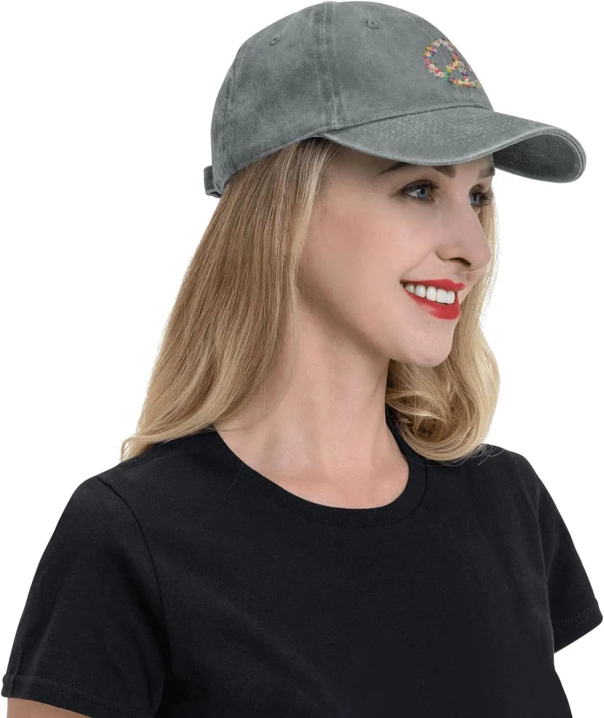 Washed Distressed Adjustable Peace and Love Symbol Flowers Womens Denim Baseball Cap Mom Trucker Hat Cap for Women