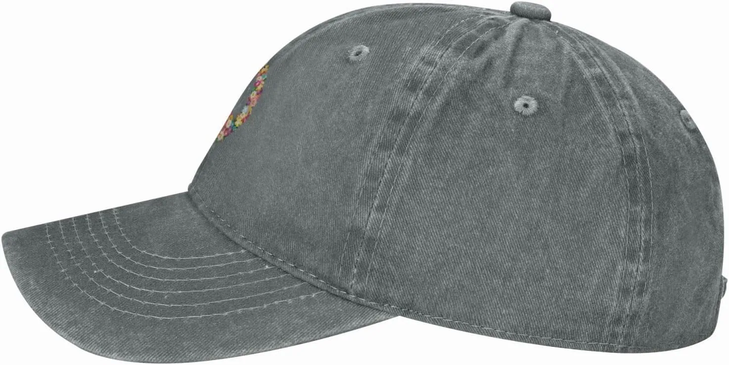 Washed Distressed Adjustable Peace and Love Symbol Flowers Womens Denim Baseball Cap Mom Trucker Hat Cap for Women