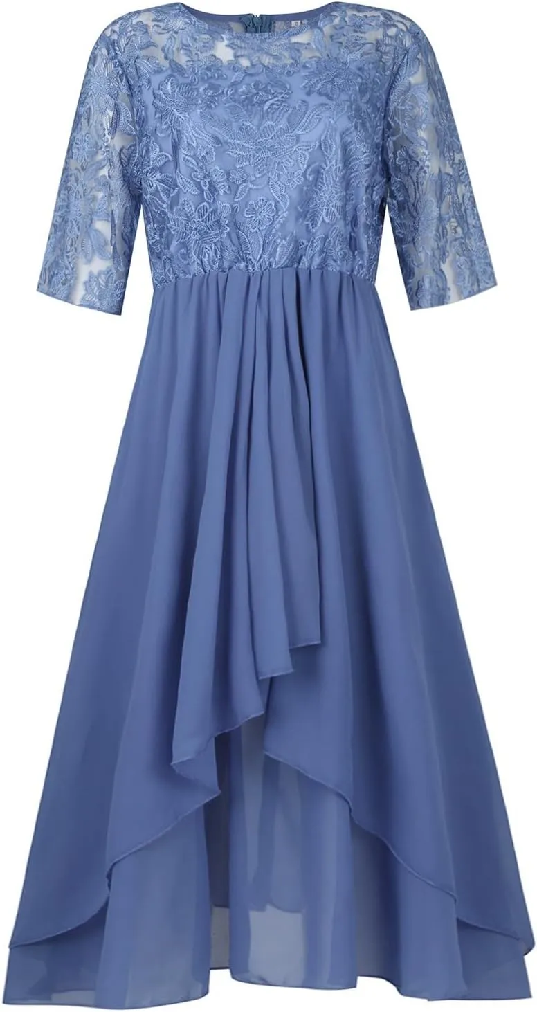 Wedding Duest Dresses for Women,2024 Summer Elegant Lace Patchwork Party Dress,Trendy Irregular Hem Formal Dress