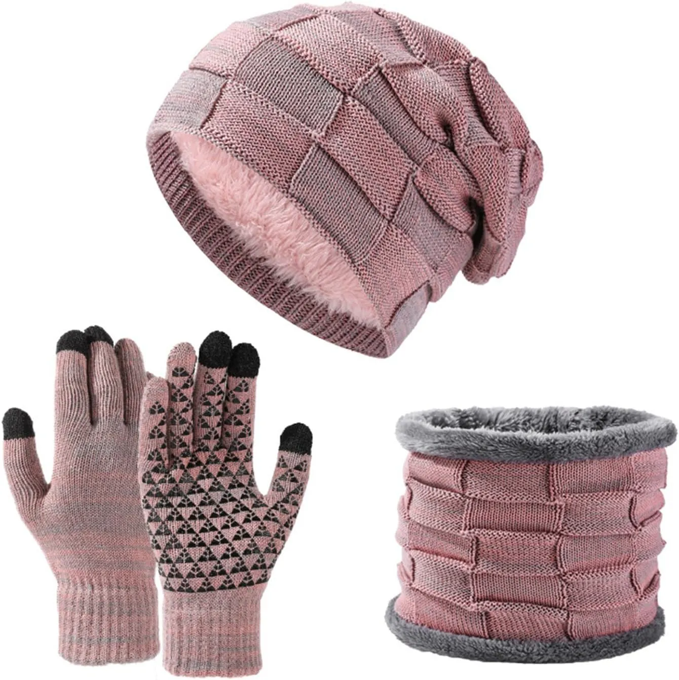 Winter Beanie Hat Warm Scarf Gloves Set For Women Soft Knit Beanies Fuzzy Sherpa Lined Neck Scarf Snow Slouchy Cap