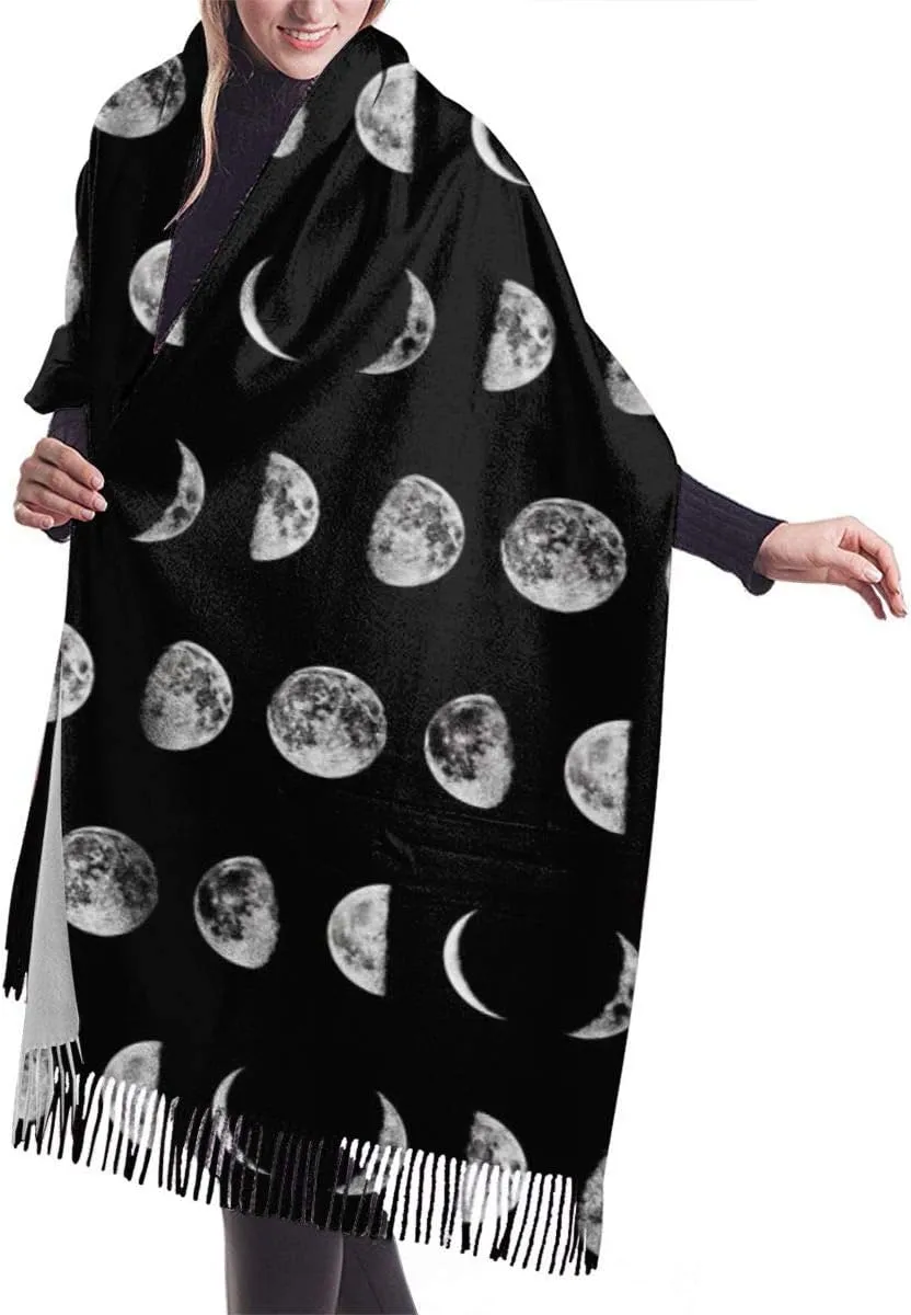 Women Girls Super Soft Moon Phases Pashmina Scarf With Tassel Luxury Cashmere Blend Shawl Wrap Over Size Blanket Scarf For Party Wedding Travel