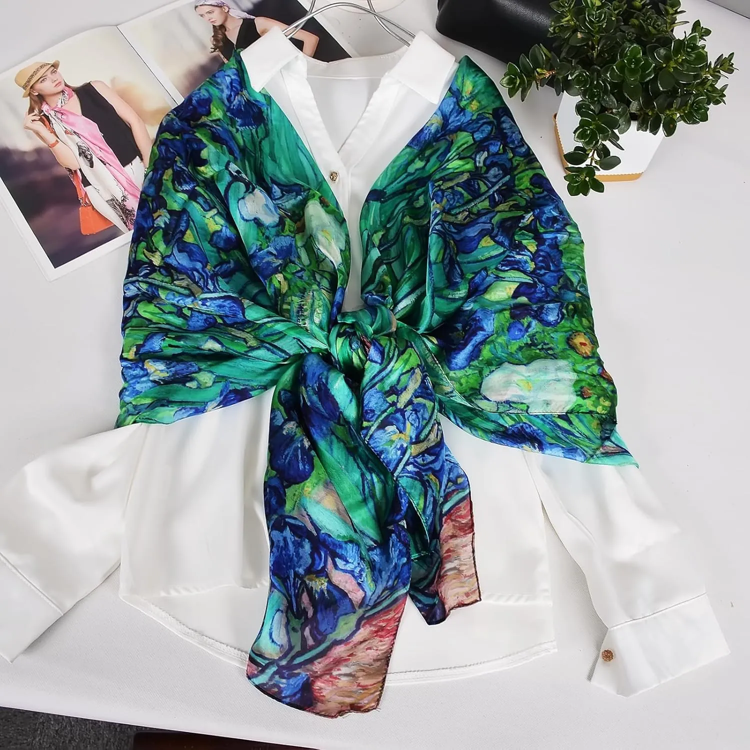 Women's 100% Mulberry Silk Long Scarf-Floral Print Lightweight Scarves-Oblong Summer Travel Sunscreen Shawl 69" x 43"