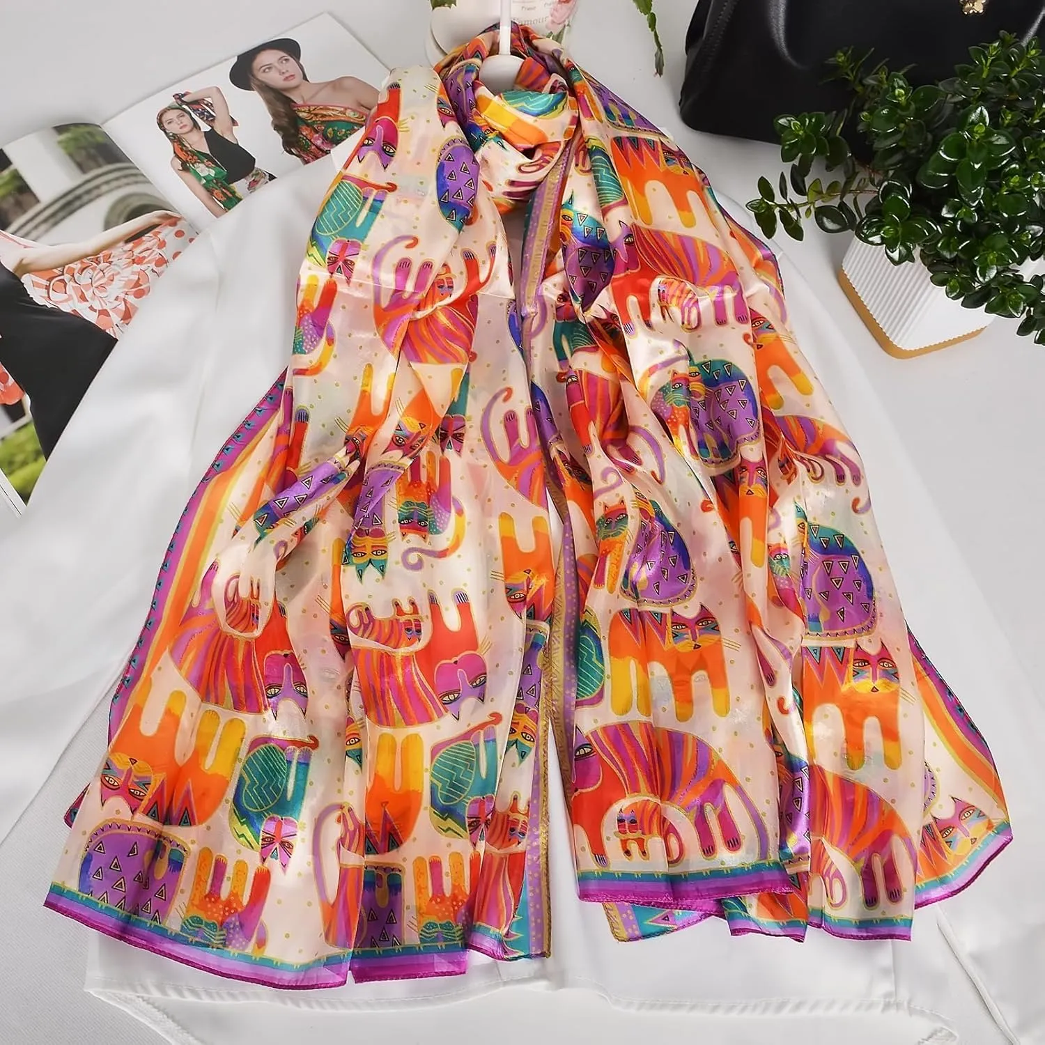 Women's 100% Mulberry Silk Long Scarf-Floral Print Lightweight Scarves-Oblong Summer Travel Sunscreen Shawl 69" x 43"