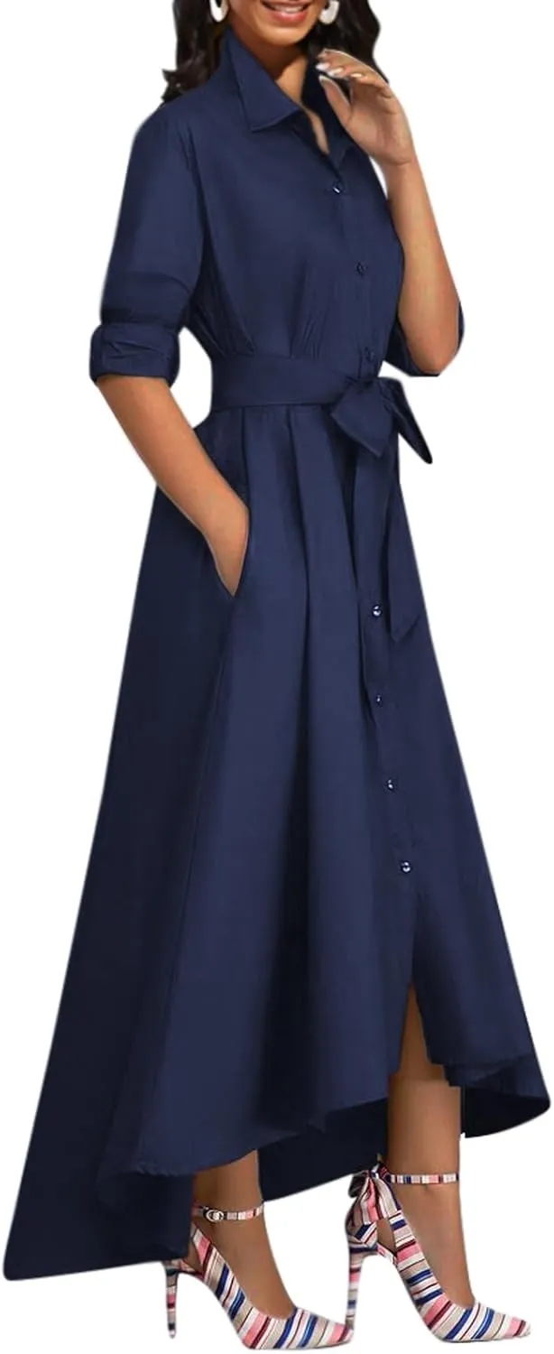 Women's Button Down T-Shirt Dress Casual High Low V Neck Loose Long Dress with Belts
