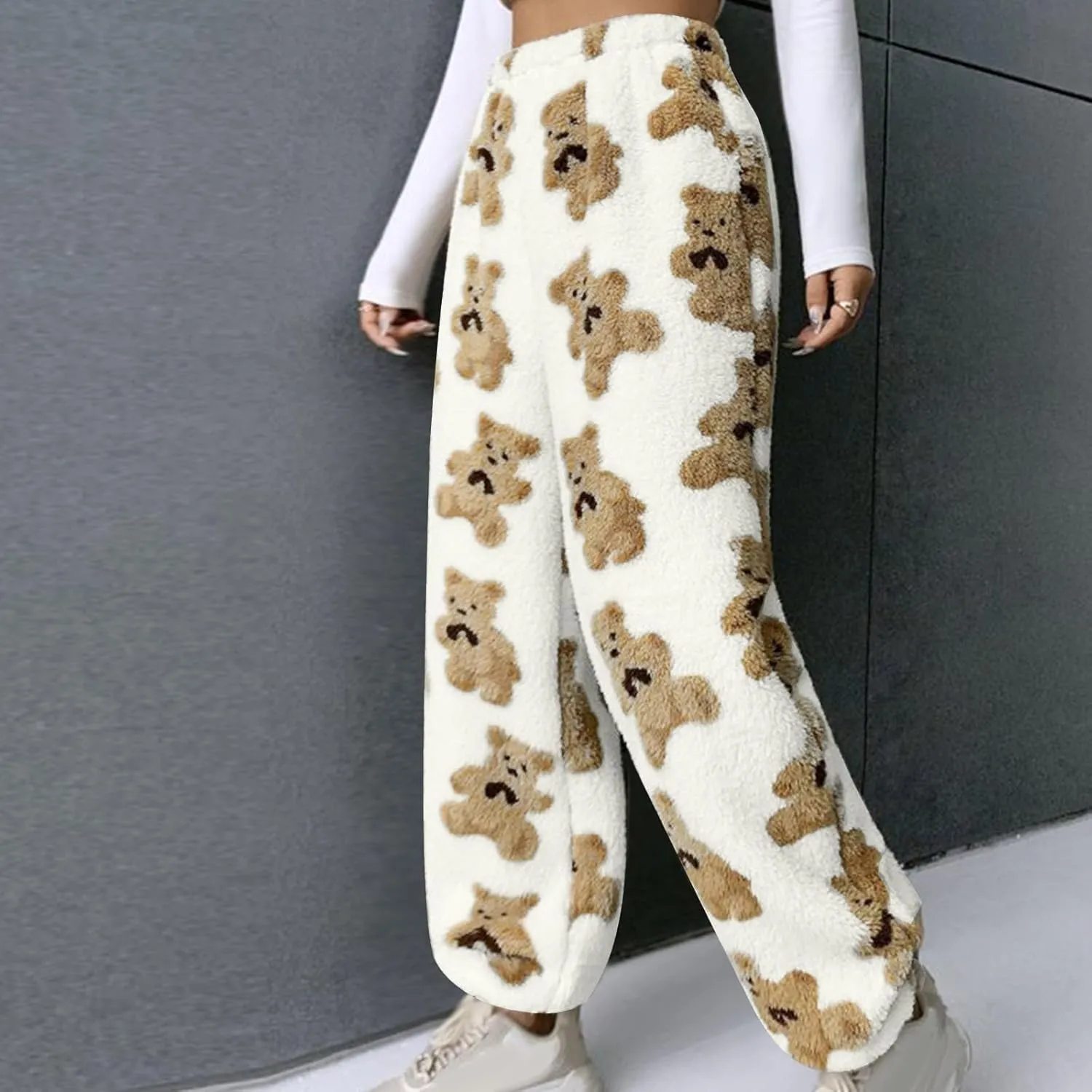 Women's Cute Bear Plush Pajama Pants Soft Fluffy Fleece Fall Winter Warm Bottoms Comfy Tapered Lounge Trousers 2024