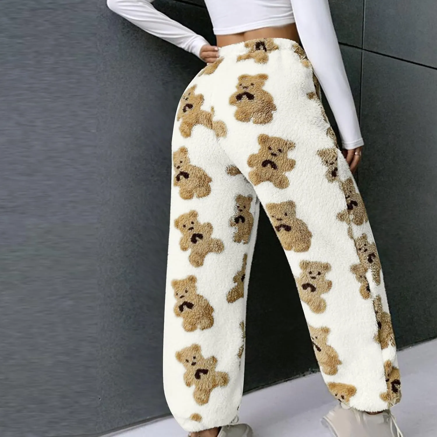 Women's Cute Bear Plush Pajama Pants Soft Fluffy Fleece Fall Winter Warm Bottoms Comfy Tapered Lounge Trousers 2024