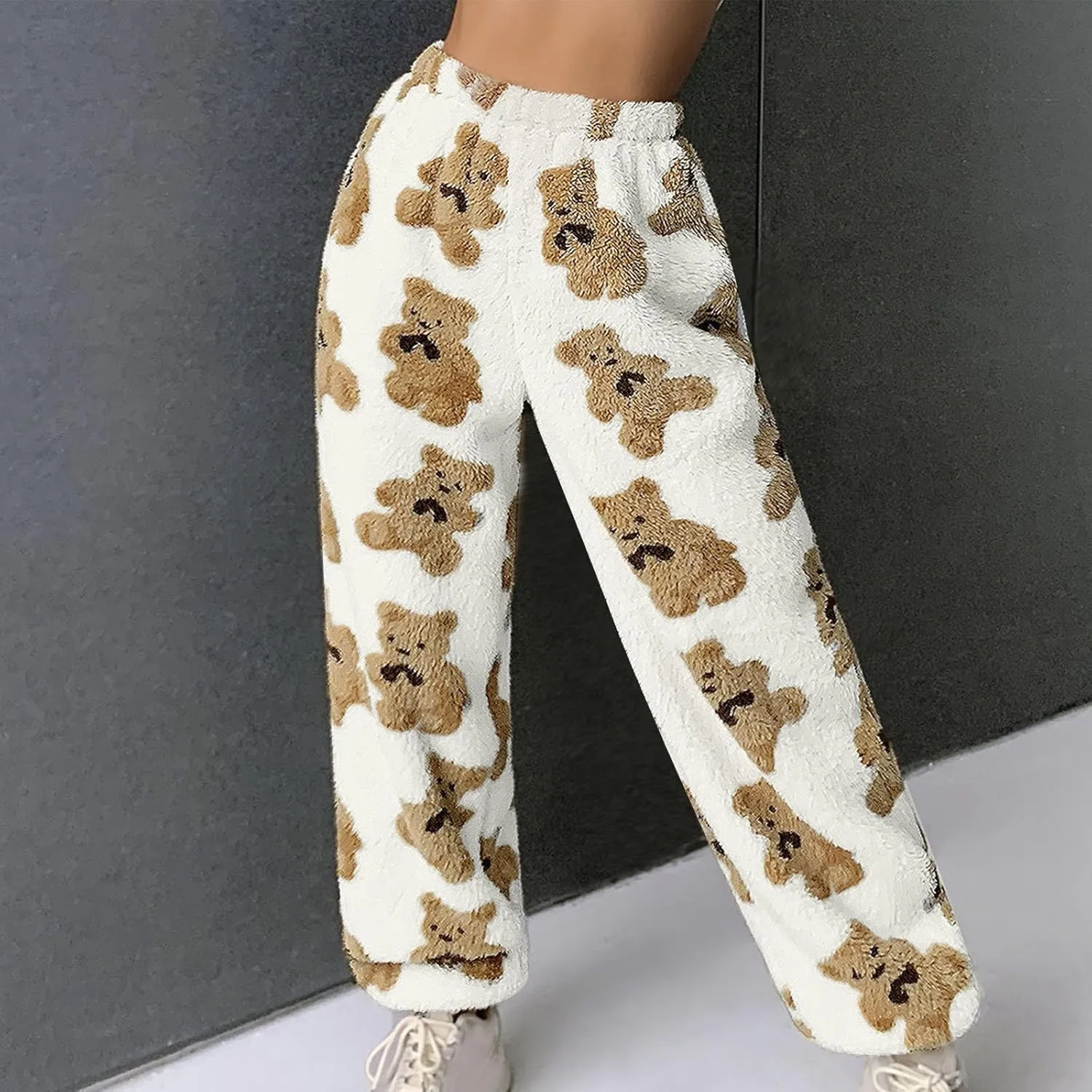 Women's Cute Bear Plush Pajama Pants Soft Fluffy Fleece Fall Winter Warm Bottoms Comfy Tapered Lounge Trousers 2024
