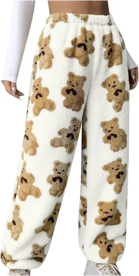 Women's Cute Bear Plush Pajama Pants Soft Fluffy Fleece Fall Winter Warm Bottoms Comfy Tapered Lounge Trousers 2024