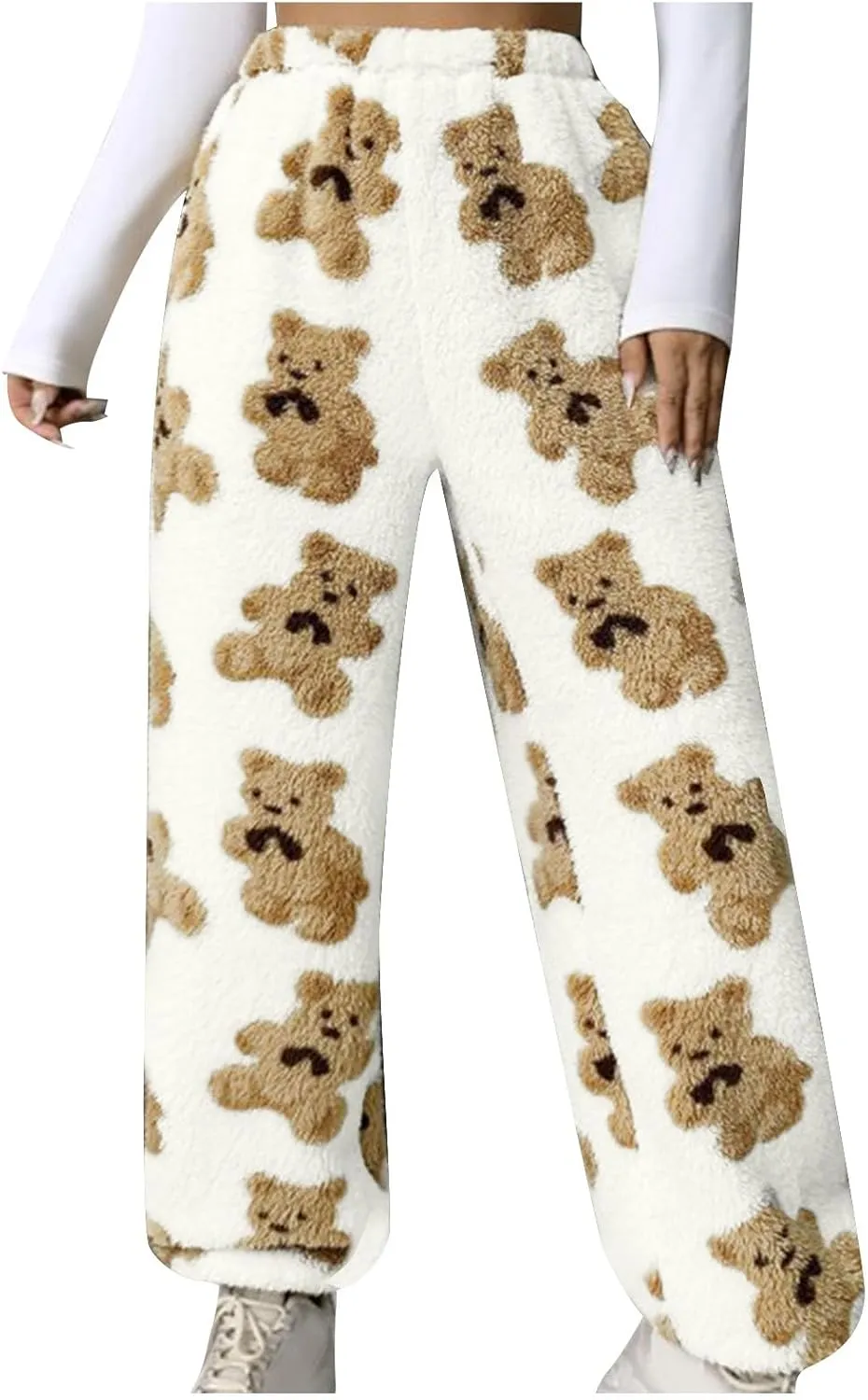 Women's Cute Bear Plush Pajama Pants Soft Fluffy Fleece Fall Winter Warm Bottoms Comfy Tapered Lounge Trousers 2024