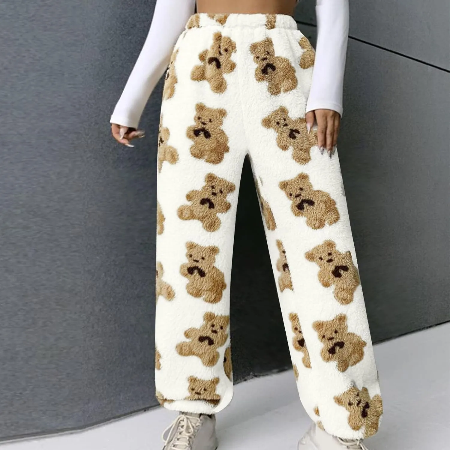 Women's Cute Bear Plush Pajama Pants Soft Fluffy Fleece Fall Winter Warm Bottoms Comfy Tapered Lounge Trousers 2024