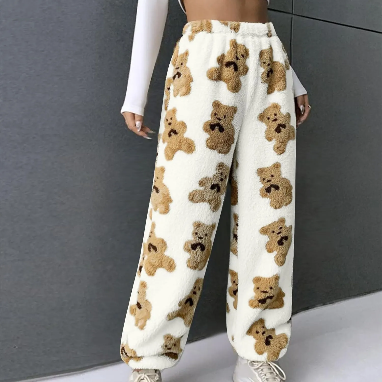 Women's Cute Bear Plush Pajama Pants Soft Fluffy Fleece Fall Winter Warm Bottoms Comfy Tapered Lounge Trousers 2024