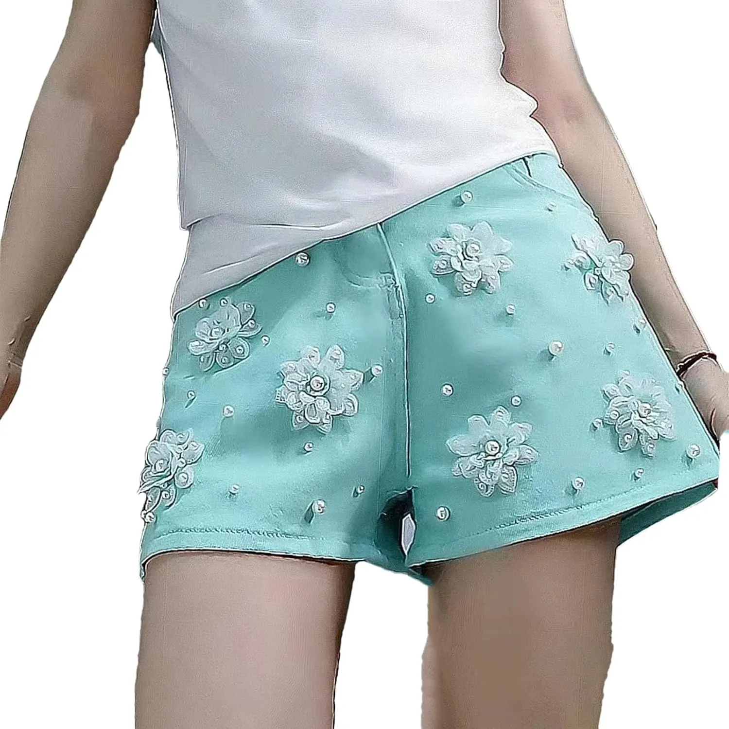 Womens Embroidery Denim Shorts Spring Summer High Waist Vintage Boho Chic Style