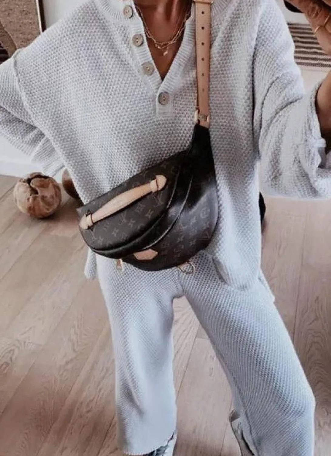 Women's Light Slate Grey Waffle Two Piece Set V Neck Long Sleeve Top and Straight Leg Pants Soft Textured Loungewear Outfit