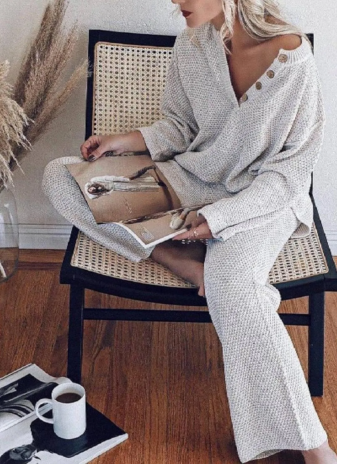 Women's Light Slate Grey Waffle Two Piece Set V Neck Long Sleeve Top and Straight Leg Pants Soft Textured Loungewear Outfit